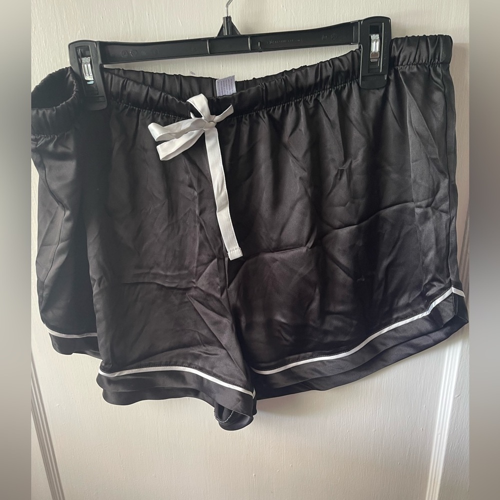 Stars Above, XL, black satin pajama shorts with cord on bottom and white tie